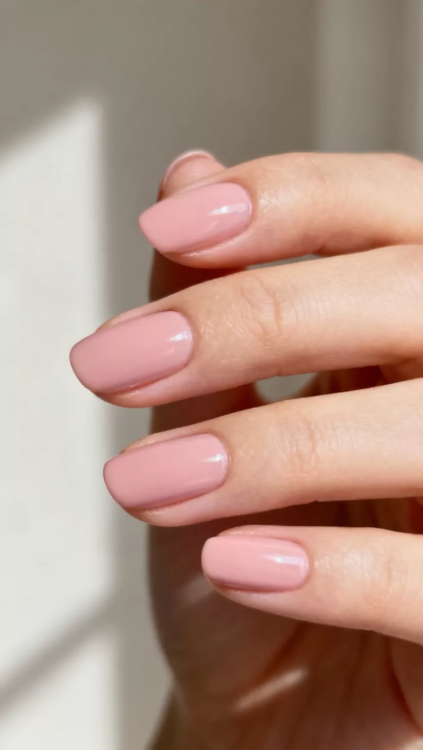 Soft Blush Pink close-up shot of a woman’s hand with five fingers showing nails with a gentle, opaque soft blush pink polish with a clean, glossy finish, room background.
