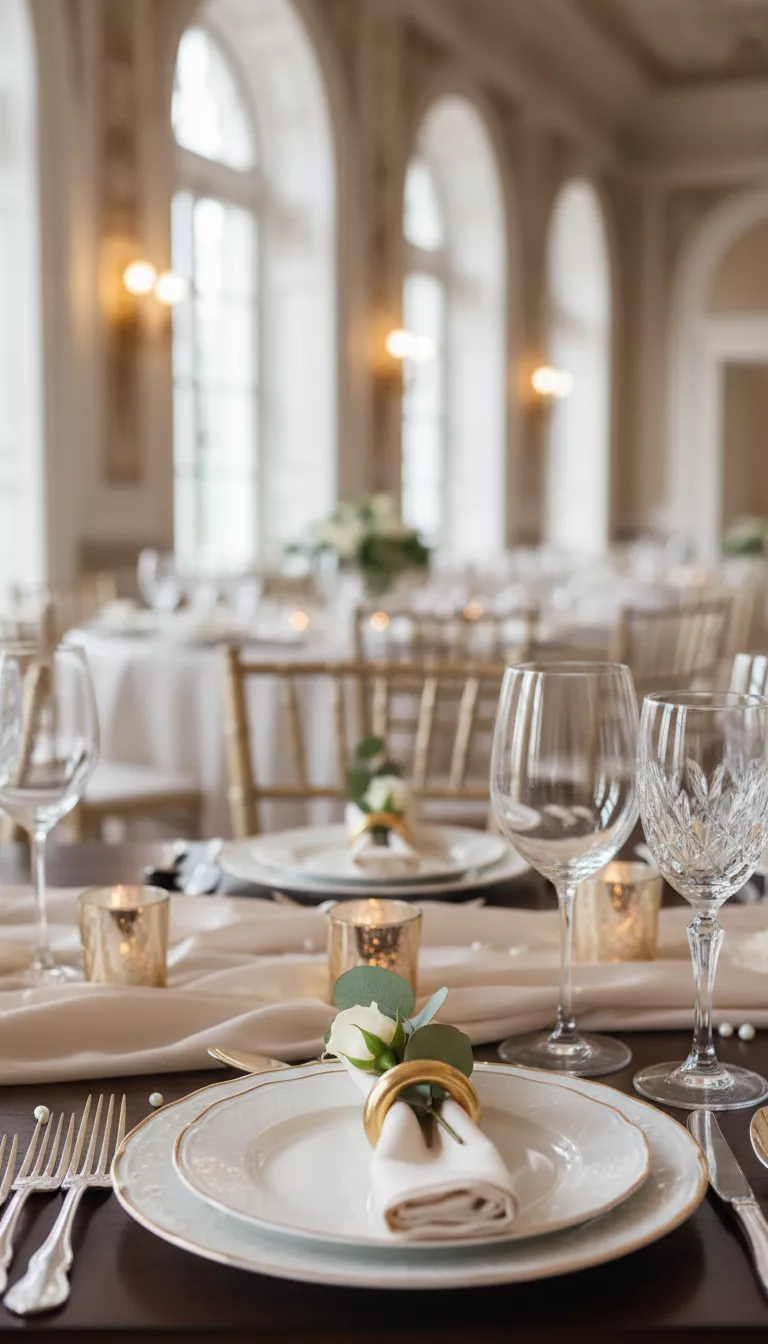 A professional photo, similar to a photo in a wedding magazine, of a collection of small, unfinished wooden craft rings, uniformly spray painted in a glossy gold metallic finish, used as chic napkin rings on a formal table setting.