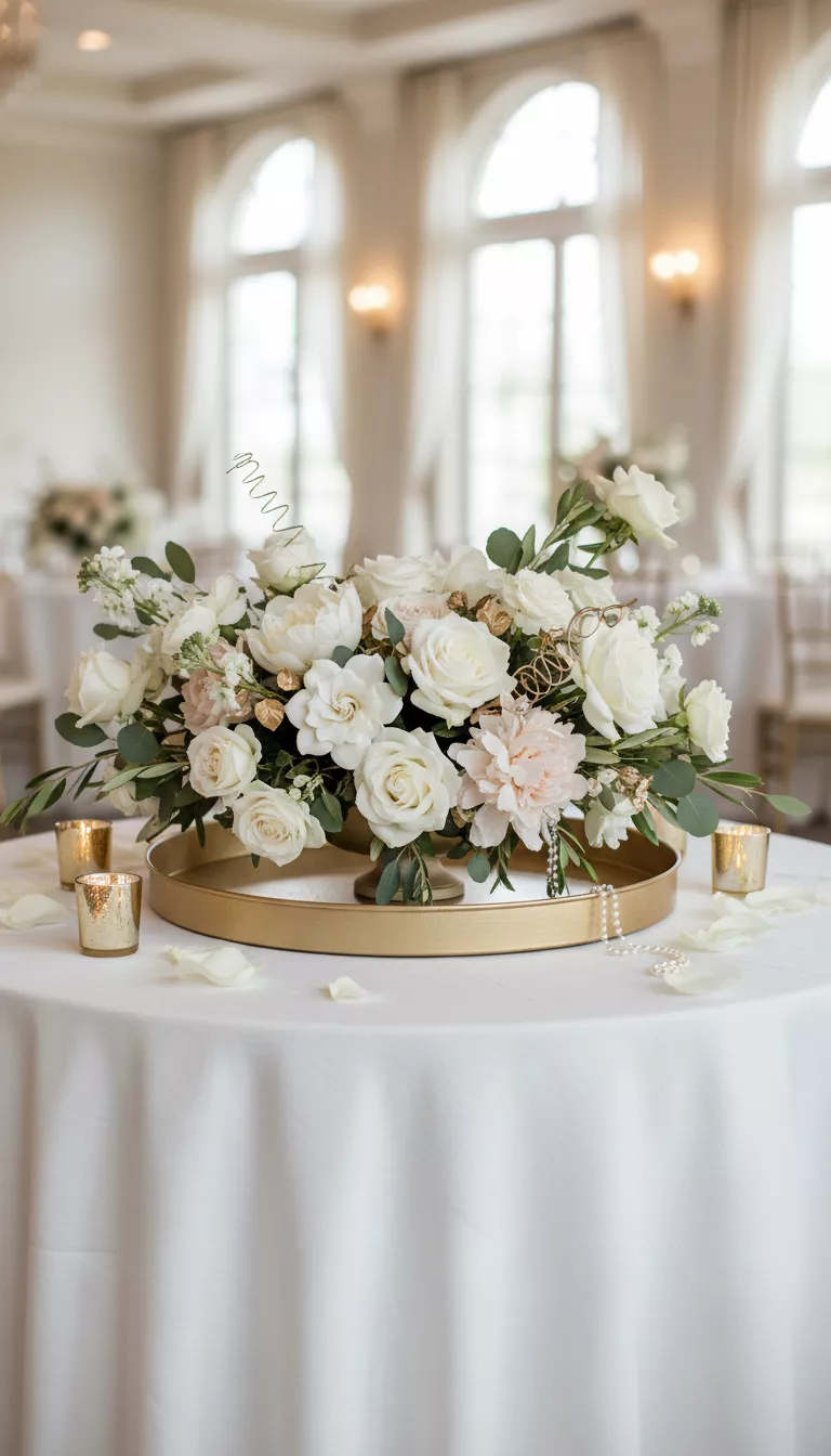 A professional photo, similar to a photo in a wedding magazine, of a round metal Dollar Tree serving tray that has been spray painted matte gold, serving as a base for an elaborate floral centerpiece on a white linen tablecloth.