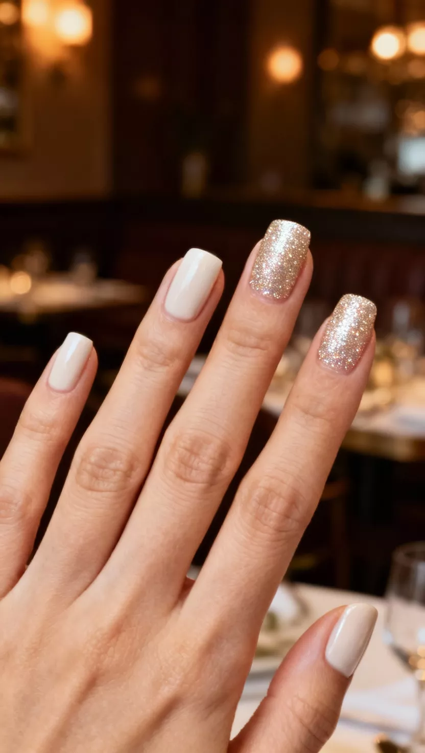 close-up shot of a woman’s hand with five fingers showing nails with a pale ivory base, with one nail on the ring finger featuring a barely-there, champagne micro-glitter, elegant restaurant background.