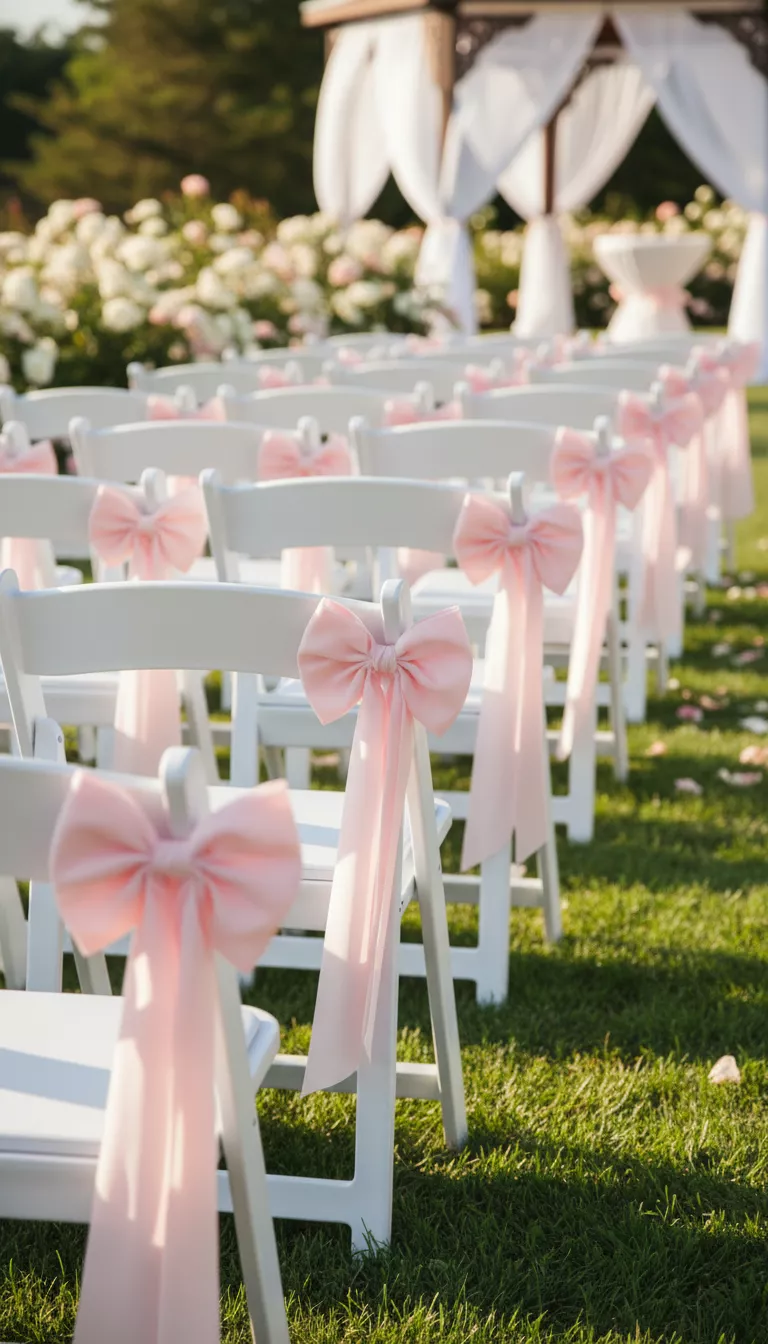 A professional photo, similar to a photo in a wedding magazine, of a row of white folding chairs, each adorned with a simple, neatly tied bow made from a soft blush pink ribbon purchased at Dollar Tree, adding a pop of color.