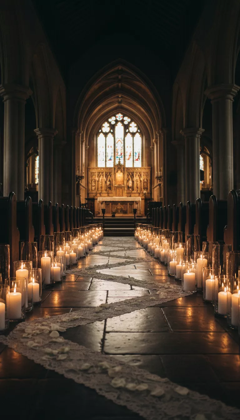 A professional photo, similar to a photo in a wedding magazine, of a dark, stone church aisle lined with tall, slender white pillar candles set in clear glass hurricane vases, creating a romantic pathway.