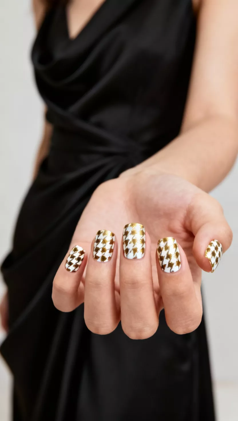 close-up shot of a woman’s hand with five fingers showing nails with a classic houndstooth pattern meticulously painted in true metallic gold and crisp white polish, stylish black dress draped in the background.