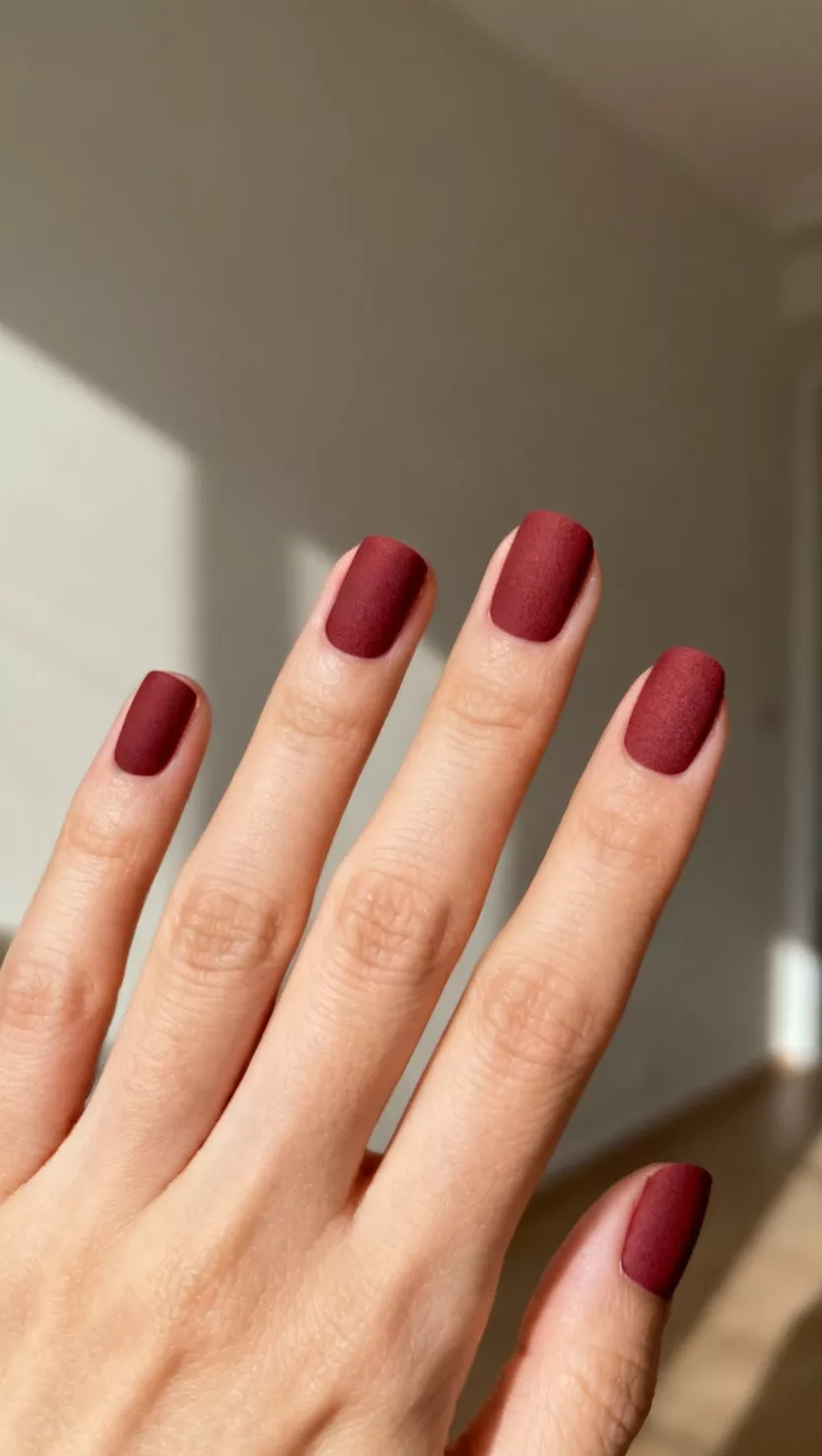 Muted Cranberry Matte close-up shot of a woman’s hand with five fingers showing nails with a muted cranberry red polish finished completely with a matte top coat, room background.