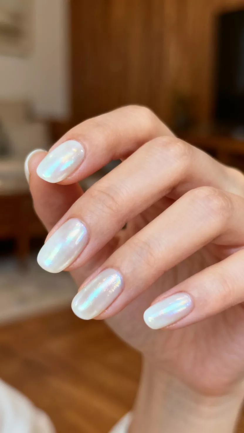 close-up shot of a woman’s hand with five fingers showing nails with a soft, luminous white polish that mimics the sheen of a white pearl, living room background.