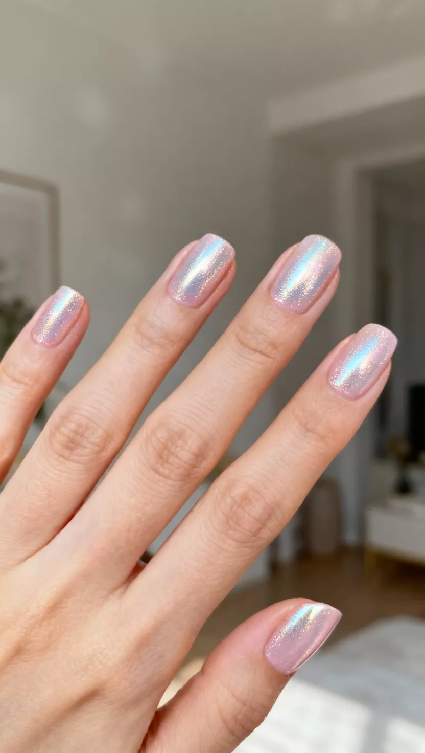 Icy Pink Chrome Finish close-up shot of a woman’s hand with five fingers showing nails with a pale, icy pink base coat topped with a fine chrome powder that gives a highly reflective, mirror-like finish, room background.