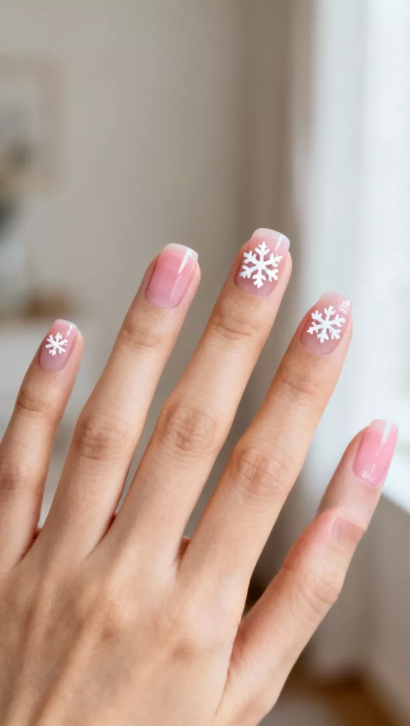 Subtle Snowflake Decals close-up shot of a woman’s hand with five fingers showing nails with a sheer pink base where one or two nails feature small, professionally placed white snowflake decals, room background.