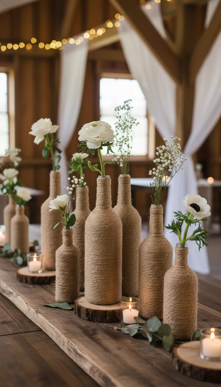 Rustic Twine Wrapped Bottles with White Flowers A professional photo, similar to a photo in a wedding magazine, of rustic centerpiece arrangements featuring glass bottles entirely wrapped in thick brown twine, each holding a single delicate white flower stem.