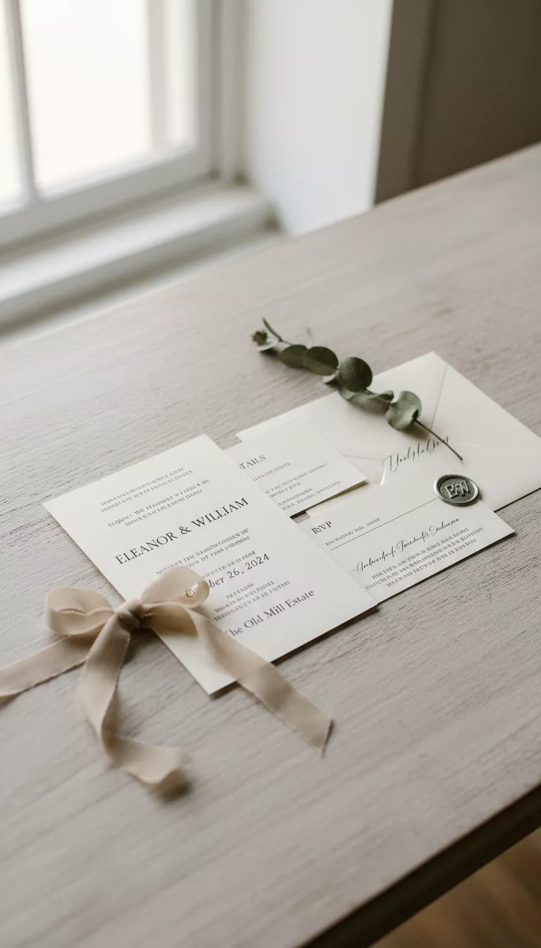 A professional photo, similar to a photo in a wedding magazine, of a classic, minimalist wedding invitation suite printed on heavy, cream-colored cardstock with clean black typography and a simple ribbon detail.