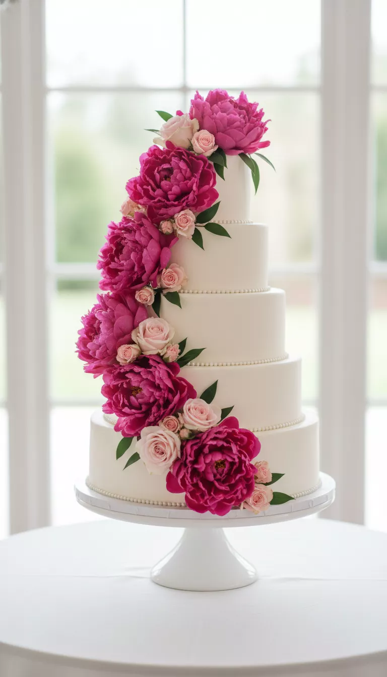 Cascading Peony Wedding Cake A photo of a pristine multi tiered white wedding cake, lavishly decorated with a stunning cascade of vibrant pink peonies, standing on a simple white pedestal.