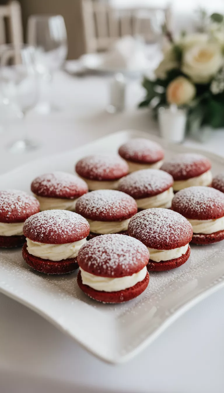 A photo of a pristine white platter showcasing multiple individual red velvet whoopie pies, beautifully dusted with fine powdered sugar, waiting to be picked up by wedding guests.