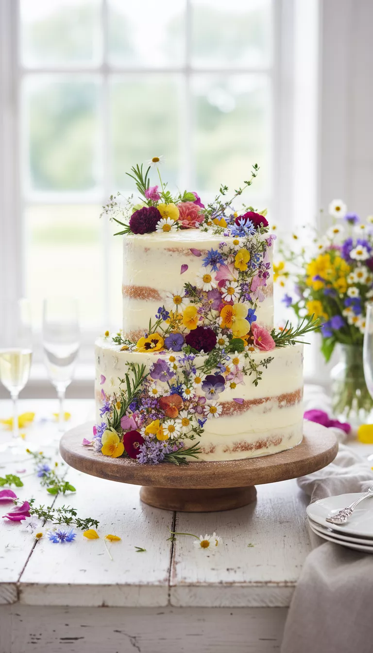 A professional photo, similar to a photo in a wedding magazine, of a semi-naked two-tiered lemon cake meticulously decorated with real, colorful edible pressed flowers and herbs, giving it a charming, naturalistic look.