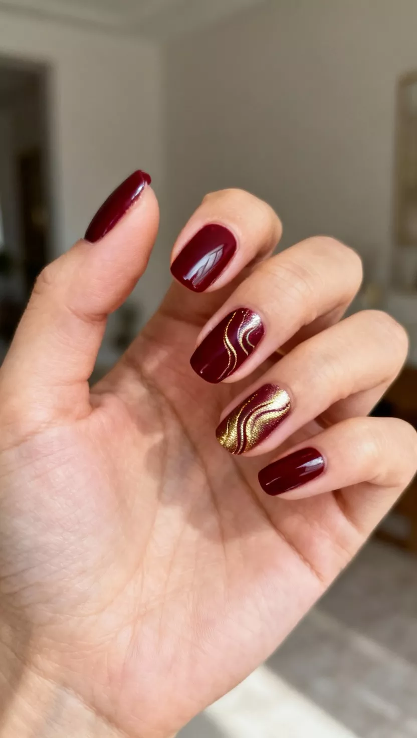 Burgundy and Gold Marbling close-up shot of a woman’s hand with five fingers showing nails with a base of deep burgundy and subtle, swirling lines of metallic gold mimicking liquid marble on two accent nails, room background.