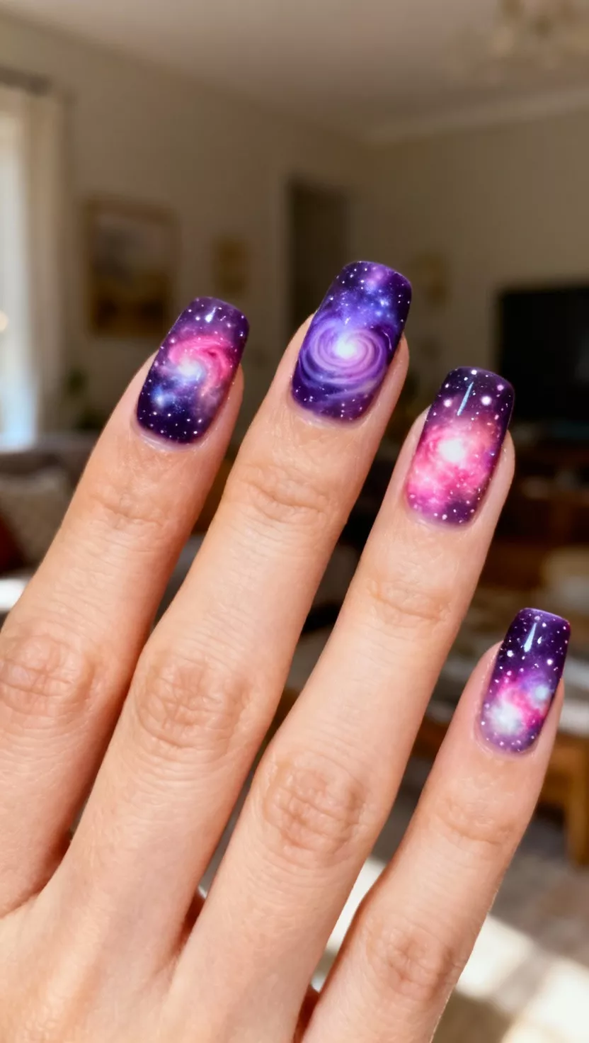 close-up shot of a woman’s hand with five fingers showing nails with a cosmic, galaxy inspired design using swirling deep purple, violet, pink, and white speckles to mimic a nebula cloud, living room background.