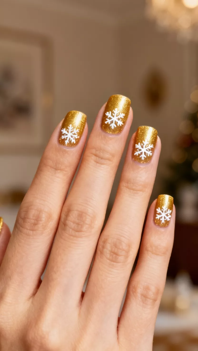 close-up shot of a woman’s hand with five fingers showing nails with a vibrant metallic gold base polish, intricately decorated with tiny, hand-painted white snowflake designs, room background.