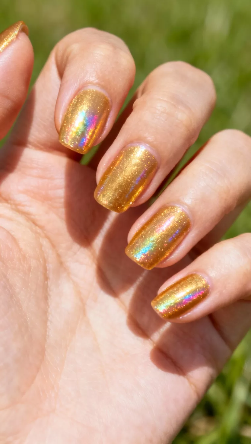 close-up shot of a woman’s hand with five fingers showing nails with a brilliant, smooth, warm gold holographic polish that flashes rainbow colors when hit by direct light, sun shining outdoors.