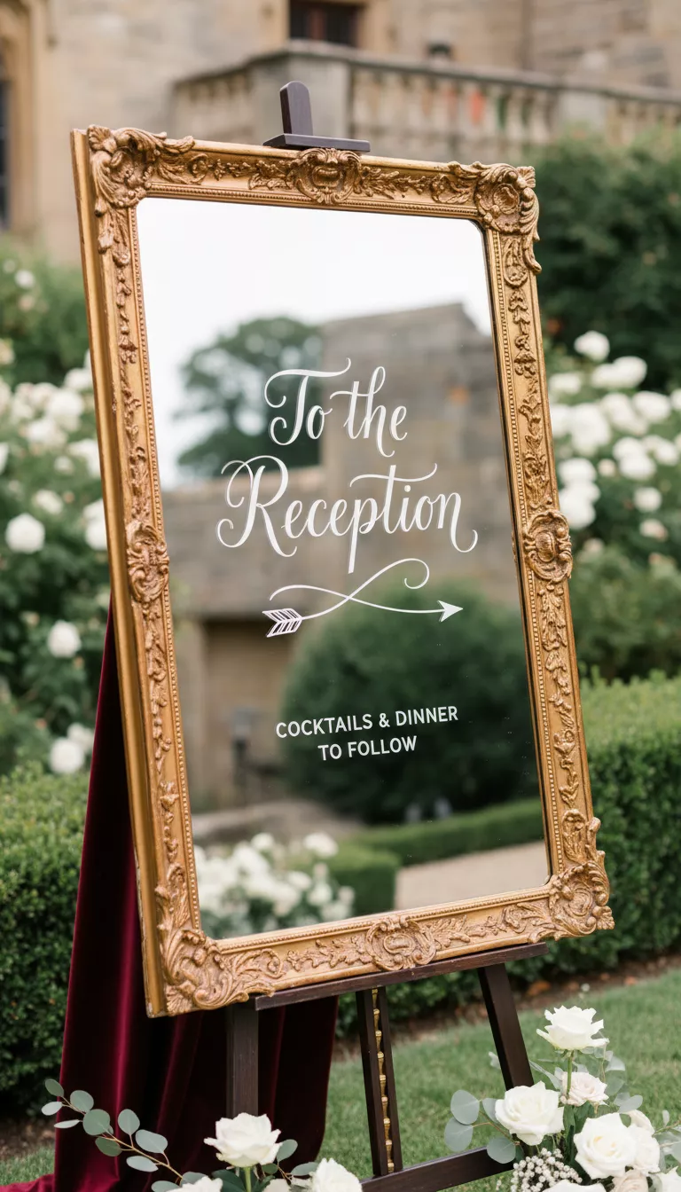 A professional photo, similar to a photo in a wedding magazine, of a large, ornate gilded antique mirror with calligraphy directing guests to the reception, set on a velvet draped easel, offering an elegant and reusable medium for wedding signage.