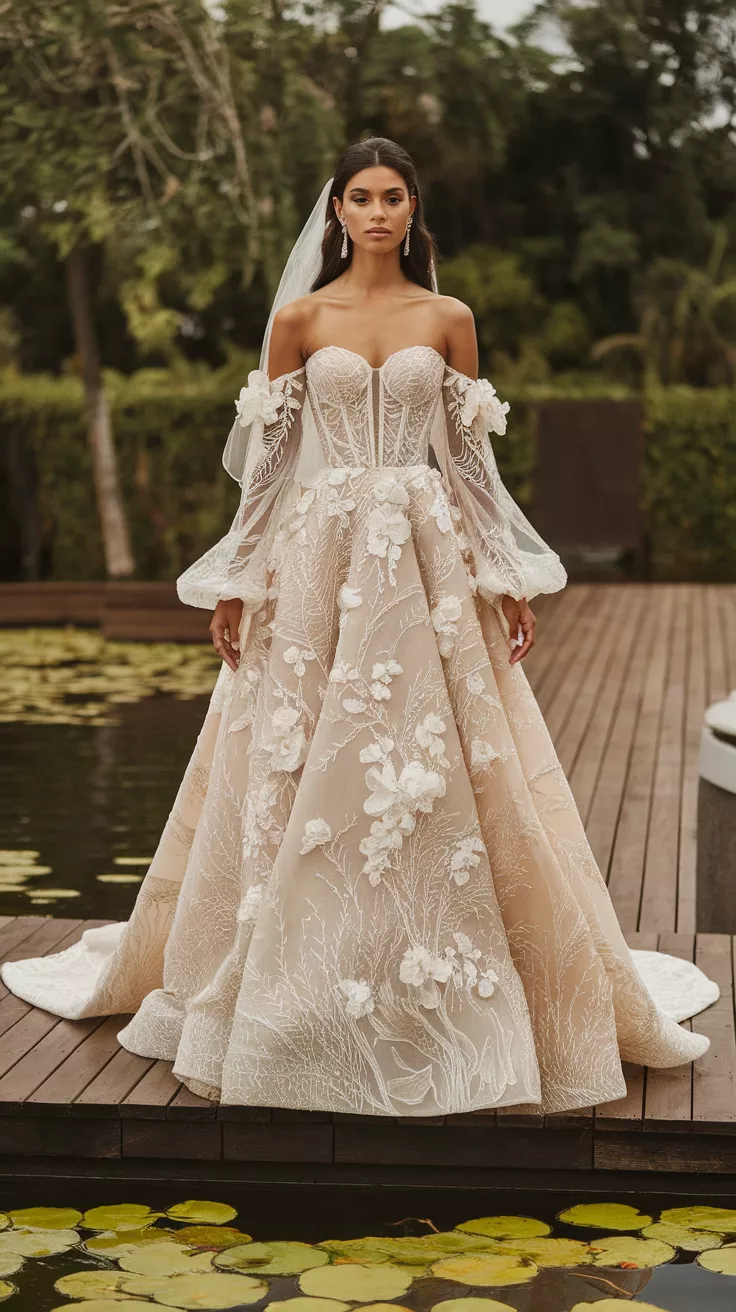 A photo of a bride wearing an off-the-shoulder gown with intricate long lace sleeves and 3D floral accents, featuring a sweetheart neckline and corset bodice.