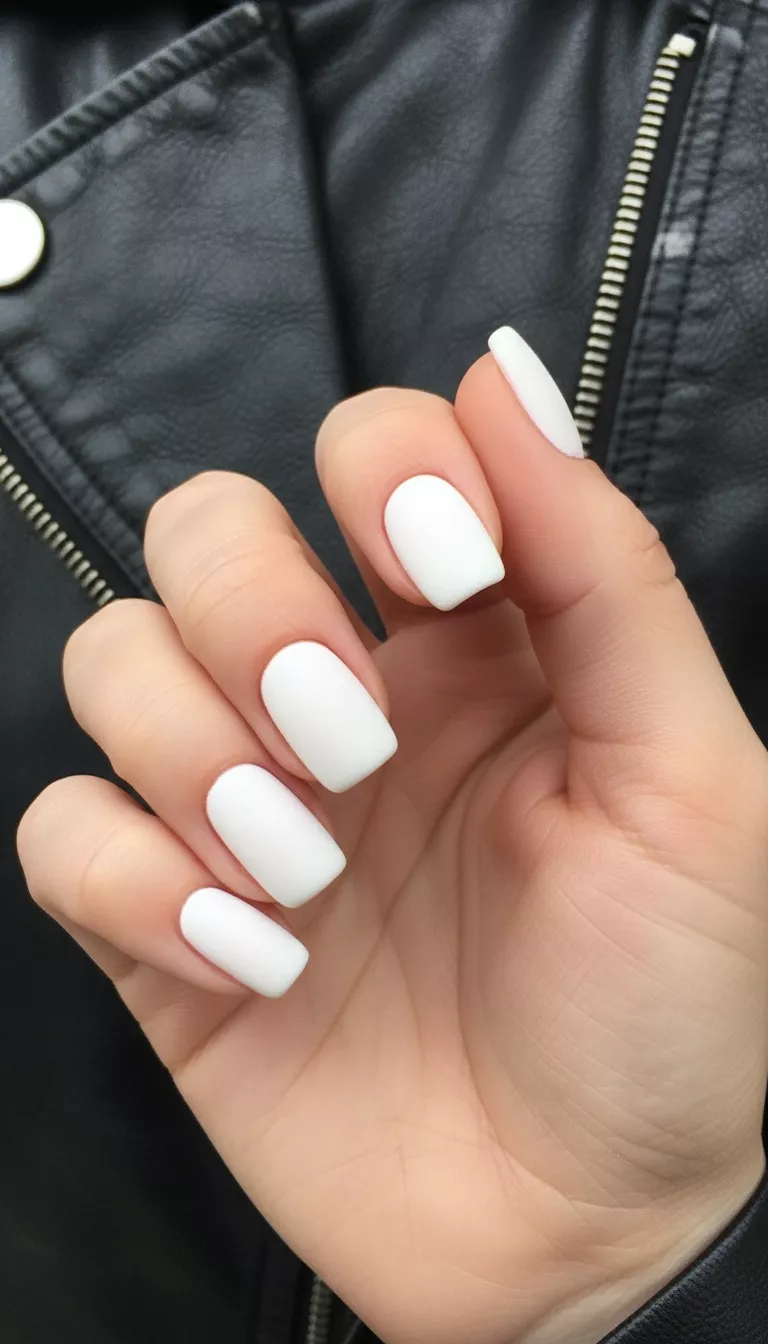 close-up shot of a woman’s hand with five fingers showing nails with a solid, opaque bone white polish with a completely matte topcoat, leather jacket background.