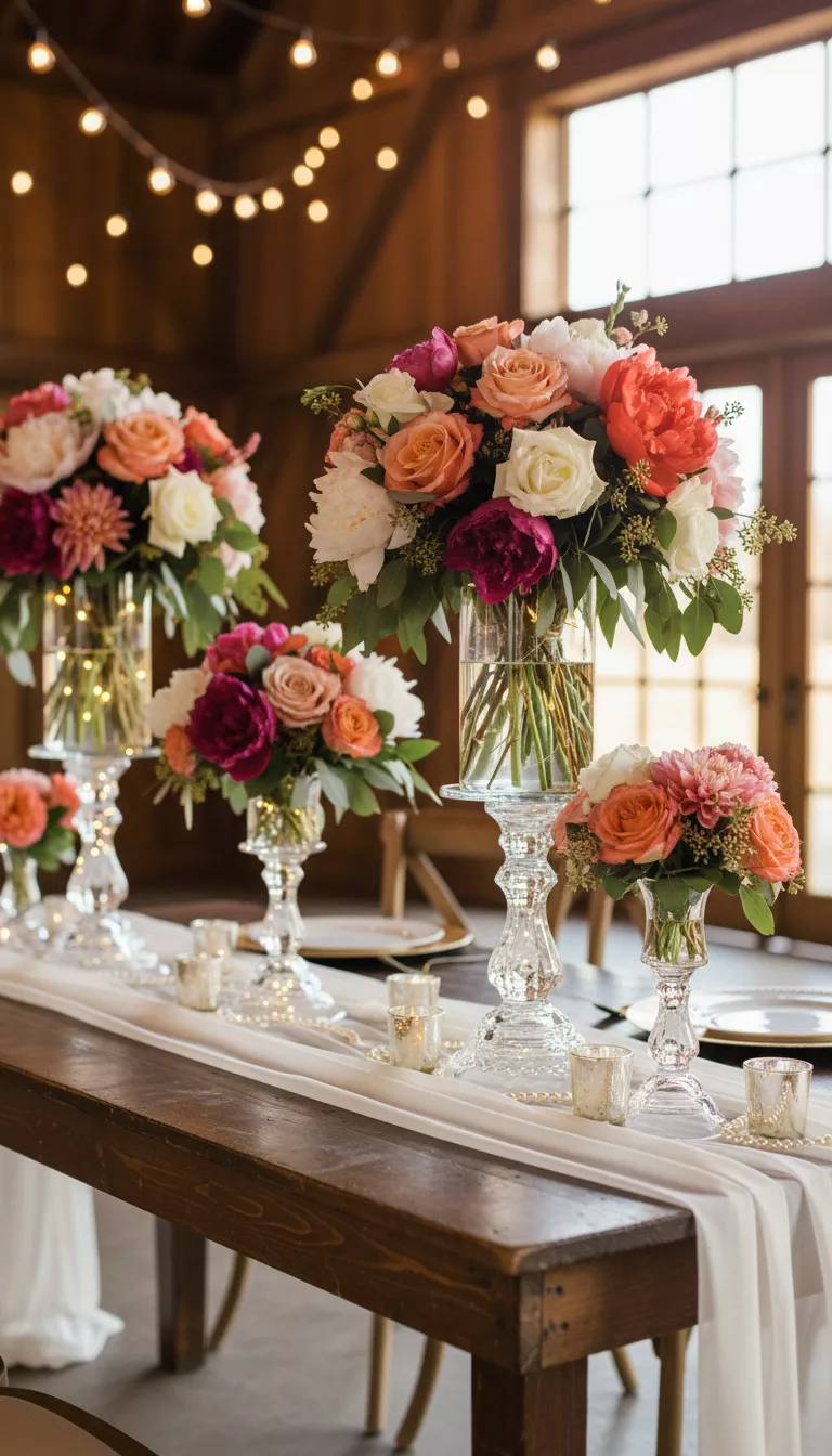 Creating Height with Dollar Tree Candleholders A professional photo, similar to a photo in a wedding magazine, of clear glass Dollar Tree candleholders inverted as bases supporting taller glass vases, creating dramatic elevated arrangements with colorful blooms.