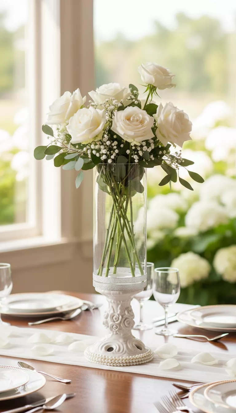 A professional photo, similar to a photo in a wedding magazine, of an elegant wedding centerpiece created with a tall, slender Dollar Tree glass vase and a repurposed candleholder as the base, adorned simply with white roses.