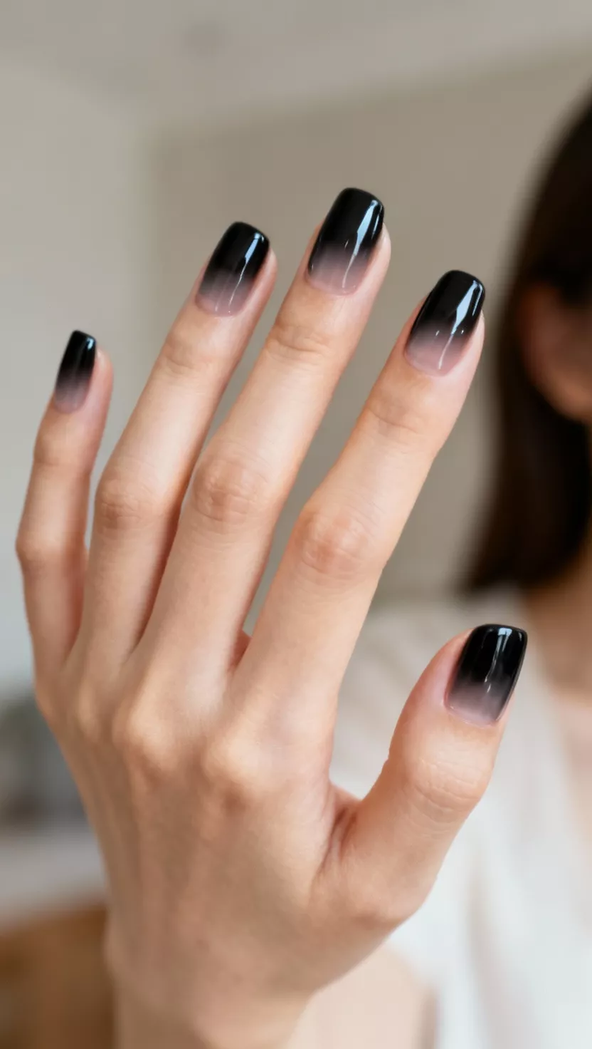 Sheer Black Jelly Polish close-up shot of a woman’s hand with five fingers showing nails with a translucent black jelly polish that allows the natural nail to show through slightly, room background.