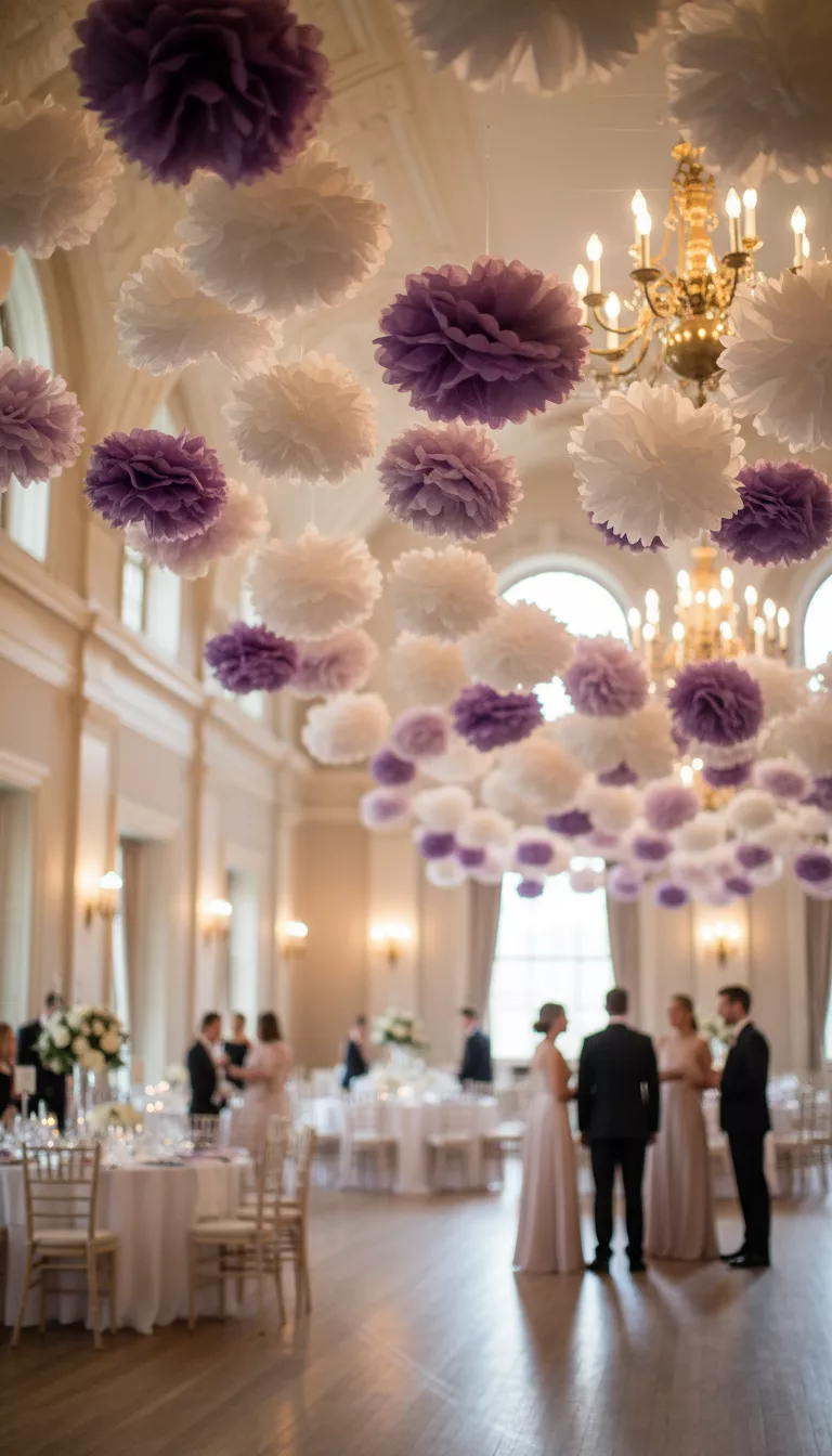 A professional photo, similar to a photo in a wedding magazine, of a high-ceilinged reception venue decorated with numerous large, layered pom-poms made from varying shades of white and lavender tissue paper and fabric, creating a whimsical hanging display.