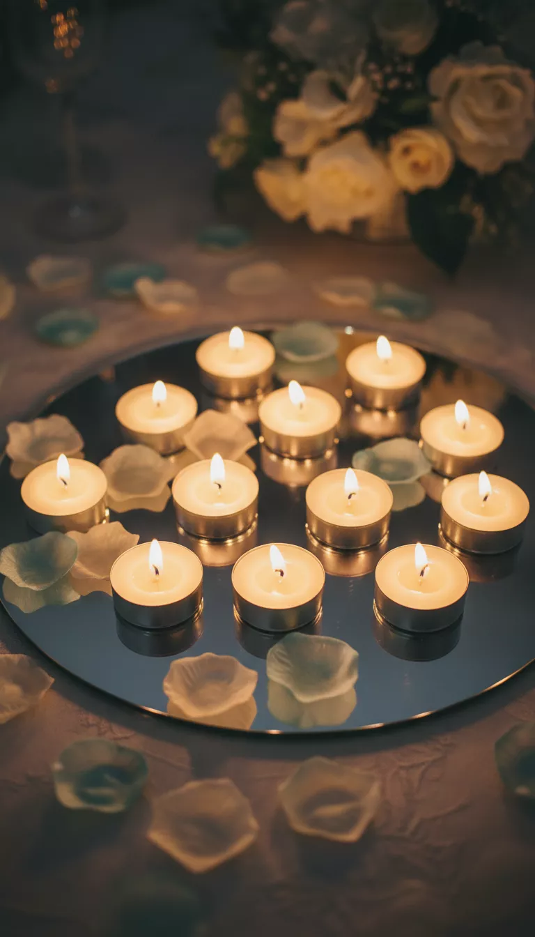 Tealight Clusters on Mirror Trays A professional photo, similar to a photo in a wedding magazine, of clustered small tealight candles placed on a round mirrored tray, interspersed with scattered delicate faux flower petals reflecting the light.