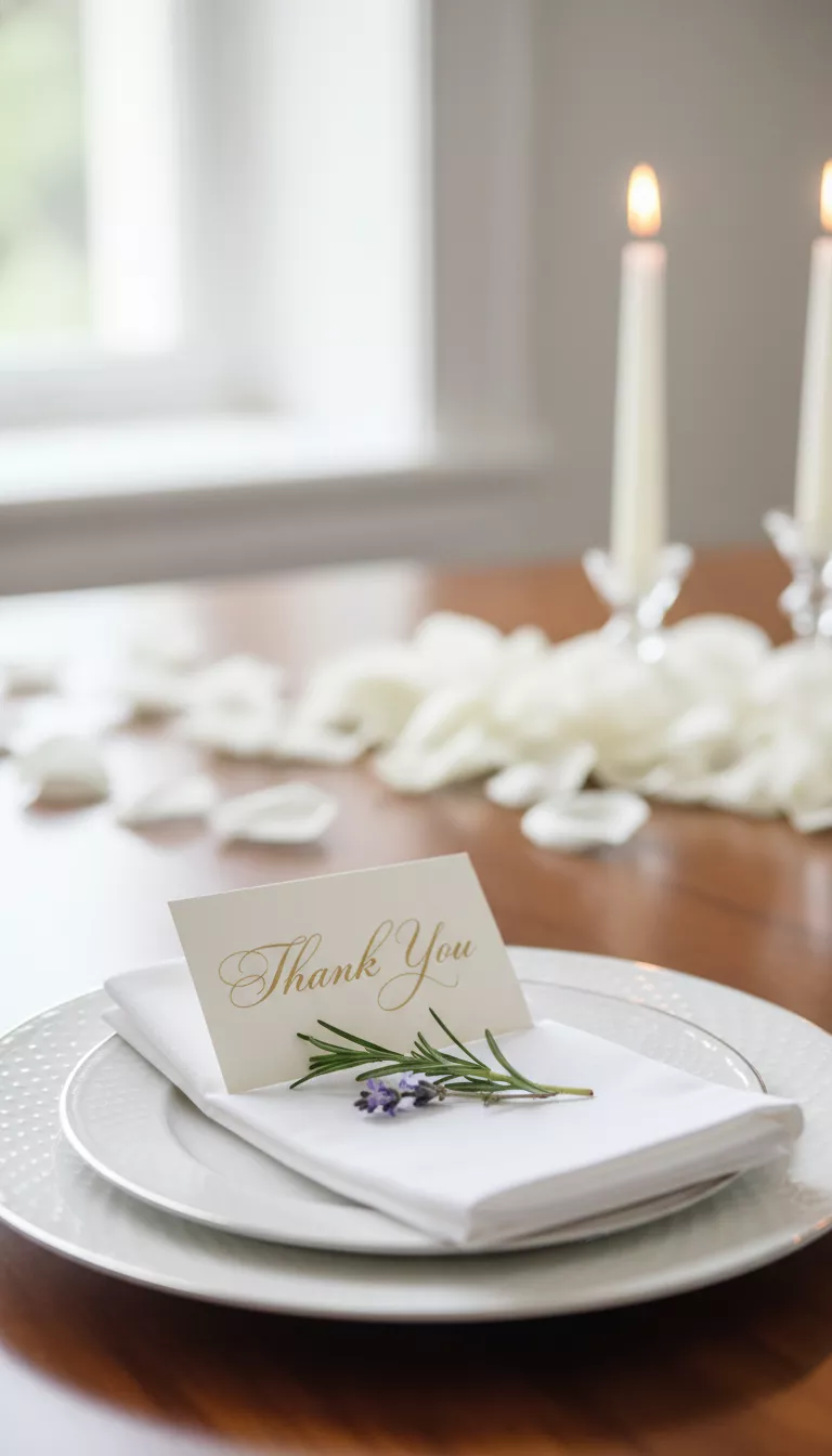 A professional photo, similar to a photo in a wedding magazine, of a crisp white linen napkin holding a small, elegantly scripted thank you card, resting on a fine china plate with a simple sprig of rosemary.