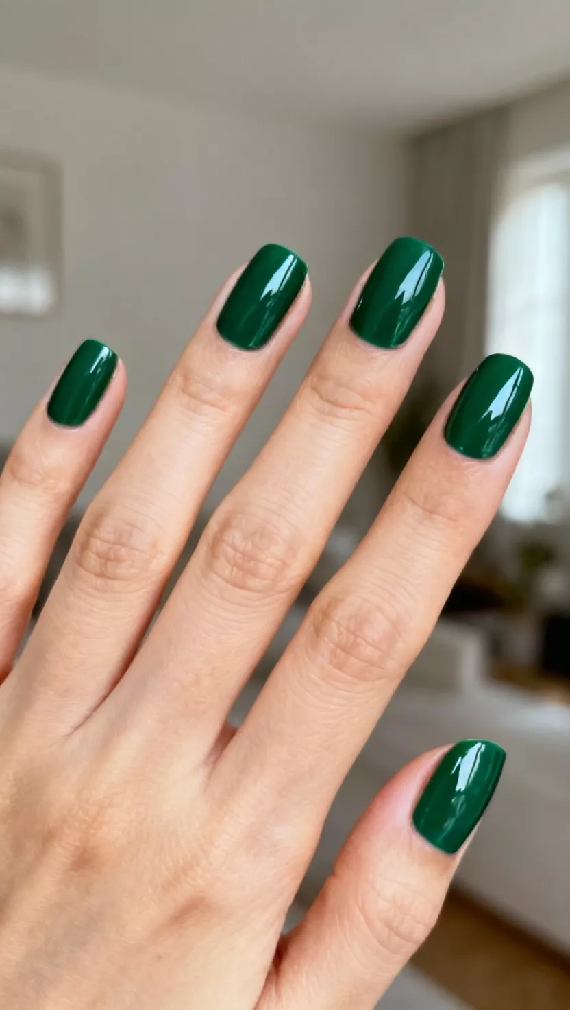 Deep Emerald Green Solids close-up shot of a woman’s hand with five fingers showing nails with a full coverage, glossy deep emerald green polish, room background.