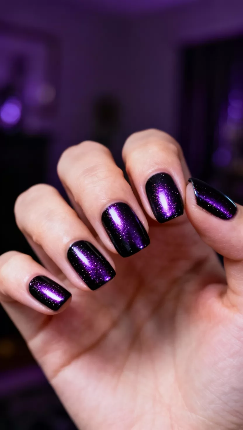 close-up shot of a woman’s hand with five fingers showing nails with a deep, blackened violet base polish finished with a fine purple chrome powder that adds a highly reflective mirror finish, dim light focus room background.