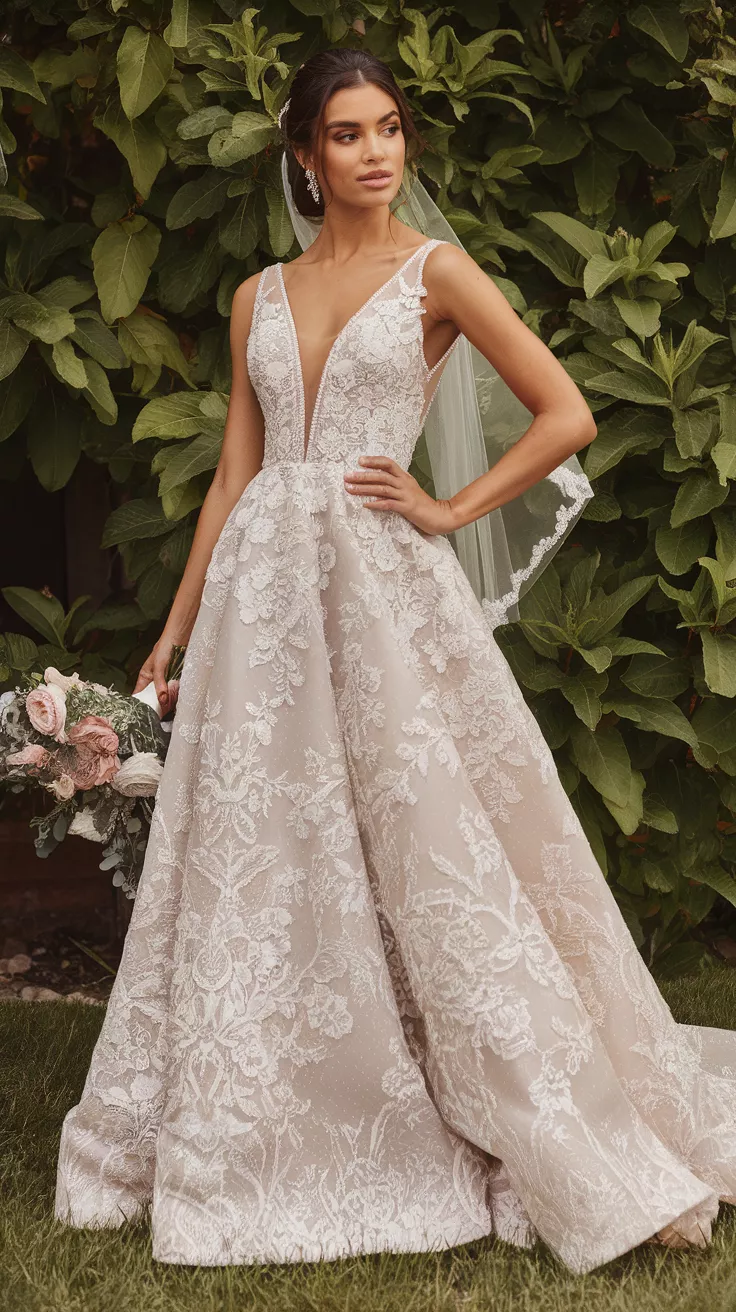A photo of a bride wearing a sleeveless, deep V-neck gown with intricate floral lace a-line skirt, posing confidently outdoors against green foliage.