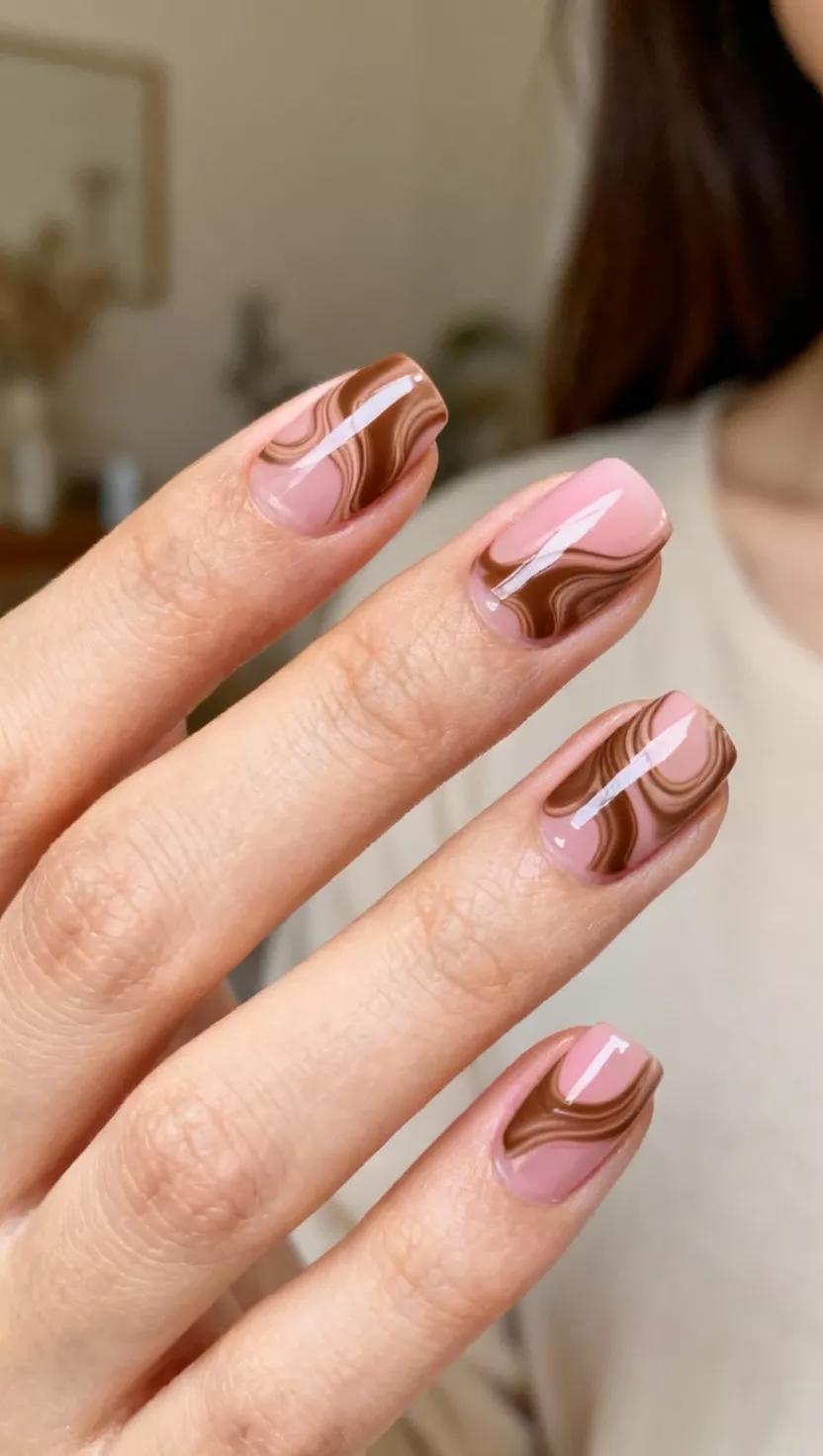 Mocha Swirls on Sheer Base close-up shot of a woman’s hand with five fingers showing nails with a sheer, nude pink base, featuring artistic, organic swirls of opaque mocha brown polish painted across the nail plate for a marbled fluid art effect, room background.