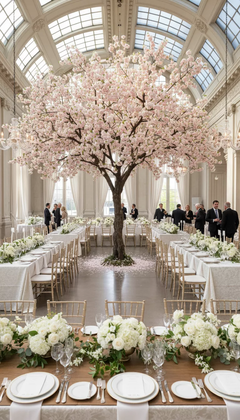 Indoor Cherry Blossom Reception A photo of an elegant indoor reception hall with long tables delicately set with white and ivory floral arrangements, prominently featuring a large indoor cherry blossom tree.