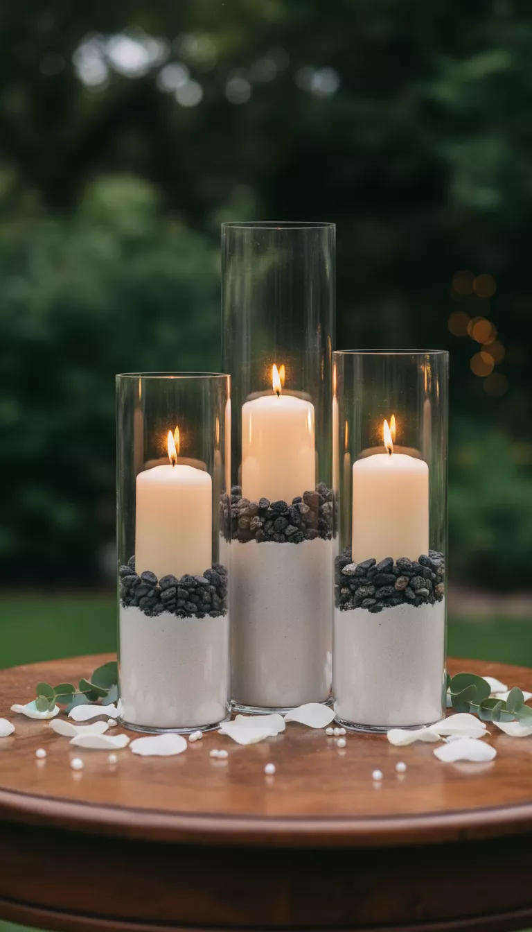 Layered Sand or Stones in Tall Vases A professional photo, similar to a photo in a wedding magazine, of tall clear glass vases with distinct layers of white sand and small dark stones visible at the base, topped with a glowing pillar candle.