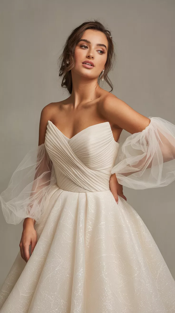 A photo of a bride wearing a strapless light ivory gown with a pleated bodice and off-shoulder tulle sleeves, posing against a neutral gray background.