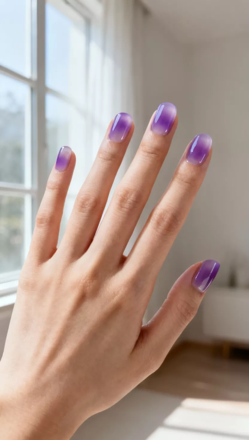 close-up shot of a woman’s hand with five fingers showing nails with a slightly sheer, juicy, grape jelly-like purple wash, giving a high gloss, almost translucent finish, minimalist window light room background.