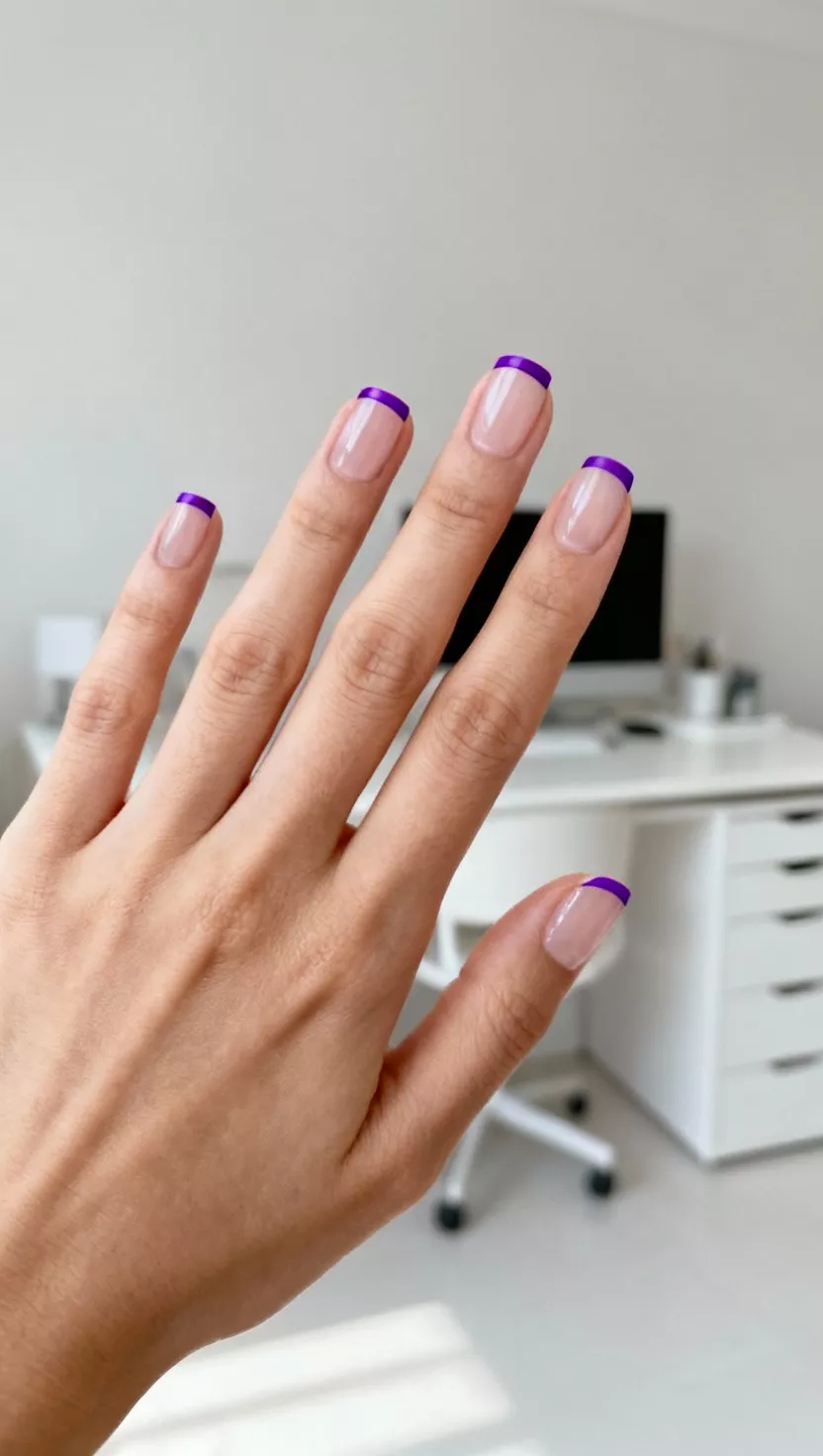 close-up shot of a woman’s hand with five fingers showing nails with a very nude or clear base coat and an extremely thin, precise micro French line done in a vibrant royal purple color, minimalist white desk room background.