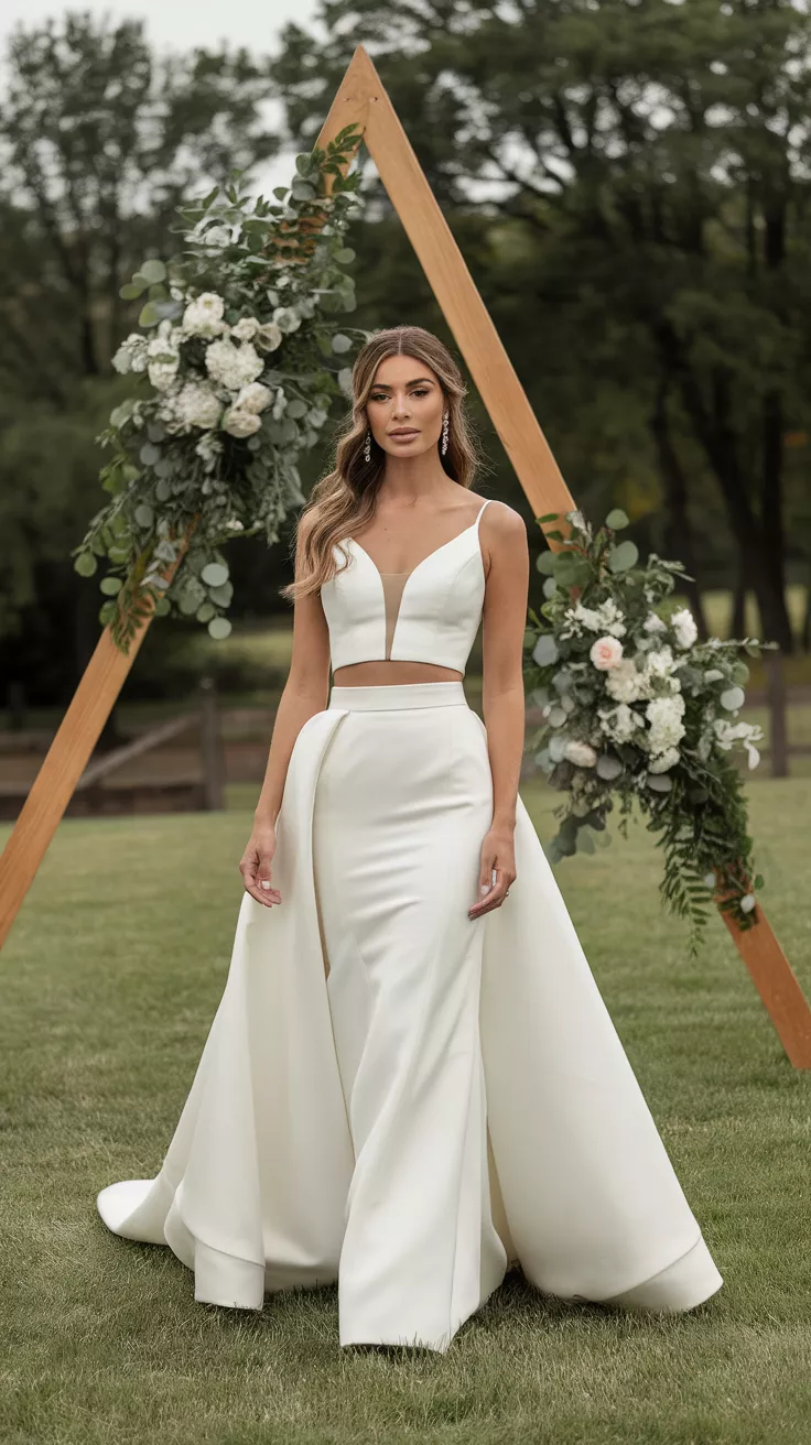 A professional photo, similar to a photo in a wedding magazine, of a bride wearing a modern two-piece bridal ensemble: a crisp white halter-neck crop top and a matching elegant long skirt featuring a high slit, creating a chic and supremely contemporary look.