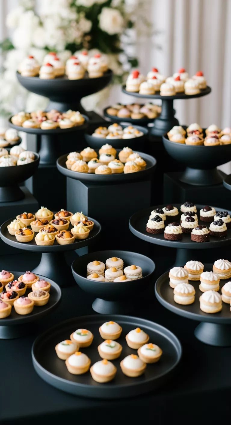 A professional photo, similar to a photo in a wedding magazine, of a sleek, modern dessert display using spray painted Dollar Tree bowls and platters in a sophisticated matte black finish, artfully presenting miniature pastries.