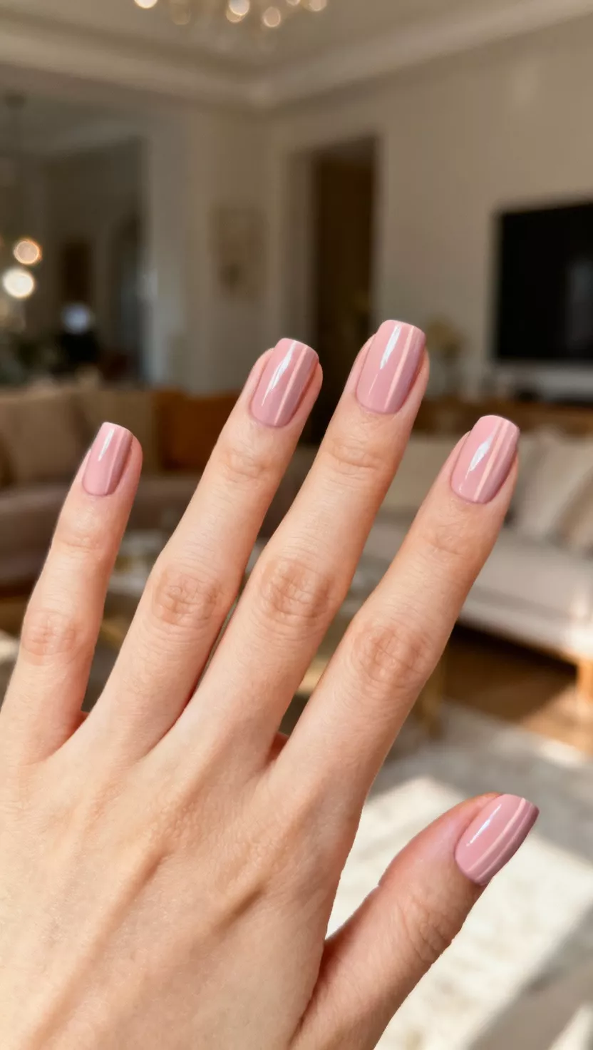 close-up shot of a woman’s hand with five fingers showing nails with a pale, soft pink polish that uses a magnetic formula to create a subtle, vertical silky stripe, living room background.
