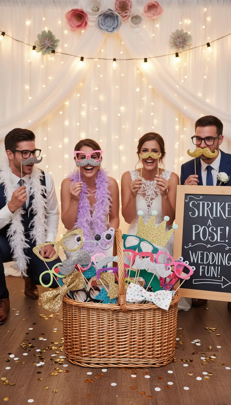 A professional photo, similar to a photo in a wedding magazine, of a lively wedding photo booth area displaying a large basket full of comical DIY props made from Dollar Tree craft items, including oversized glasses and glitter mustaches on sticks.