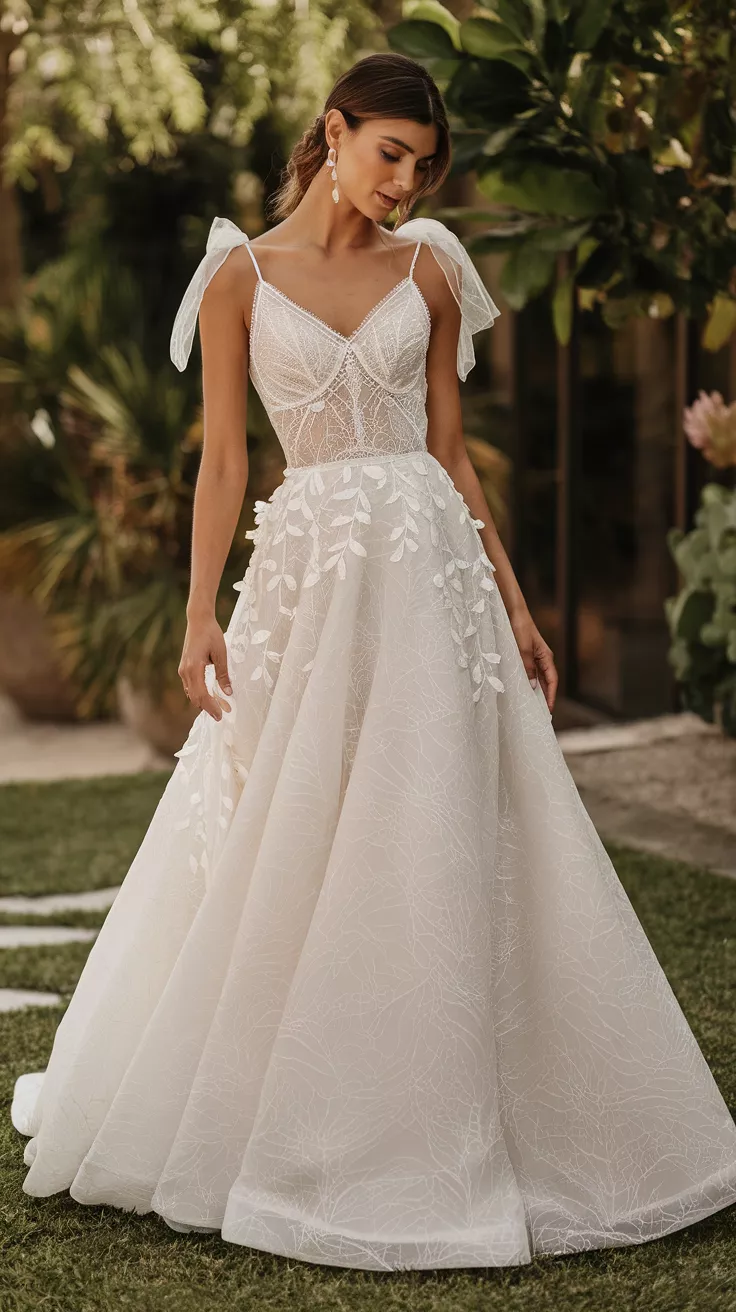 A photo of a bride wearing a white gown with delicate spaghetti straps, a lace bodice, and a flowing A-line skirt with leaf details, standing outdoors.