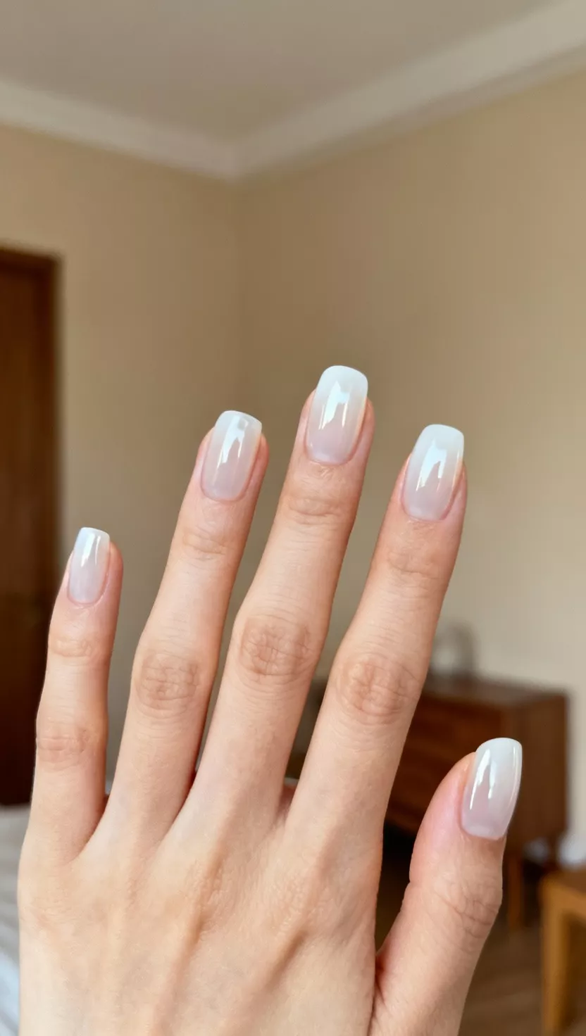 Milky White Glaze close-up shot of a woman’s hand with five fingers showing nails with a semi-opaque milky white polish that looks sheer but builds to a translucent white, finished with a high-shine top coat, room background.