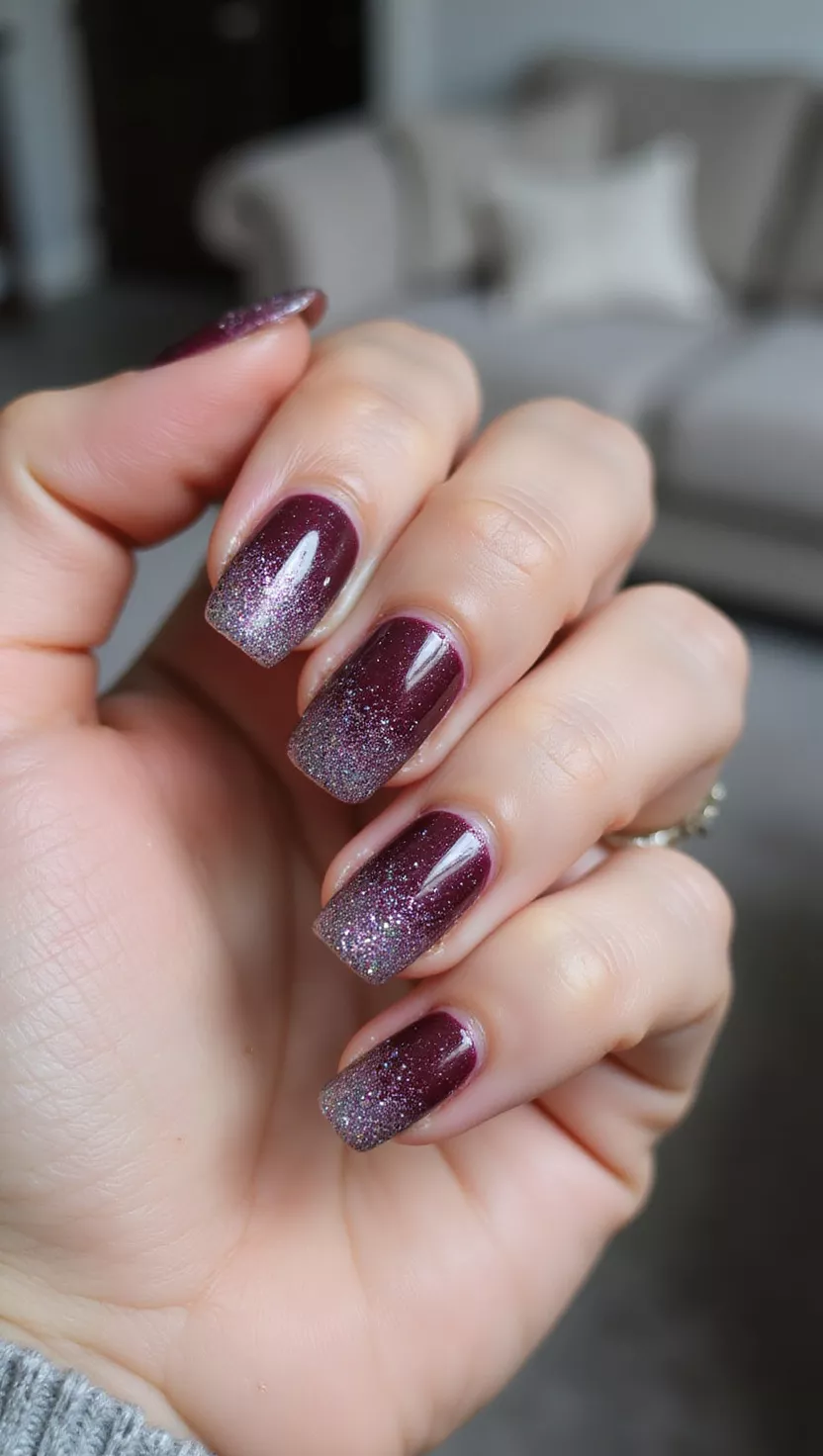 close-up shot of a woman’s hand with five fingers showing nails with a deep, rich wine purple base color and a very light dusting of iridescent white glitter applied only to the tips, mimicking frost, living room background.