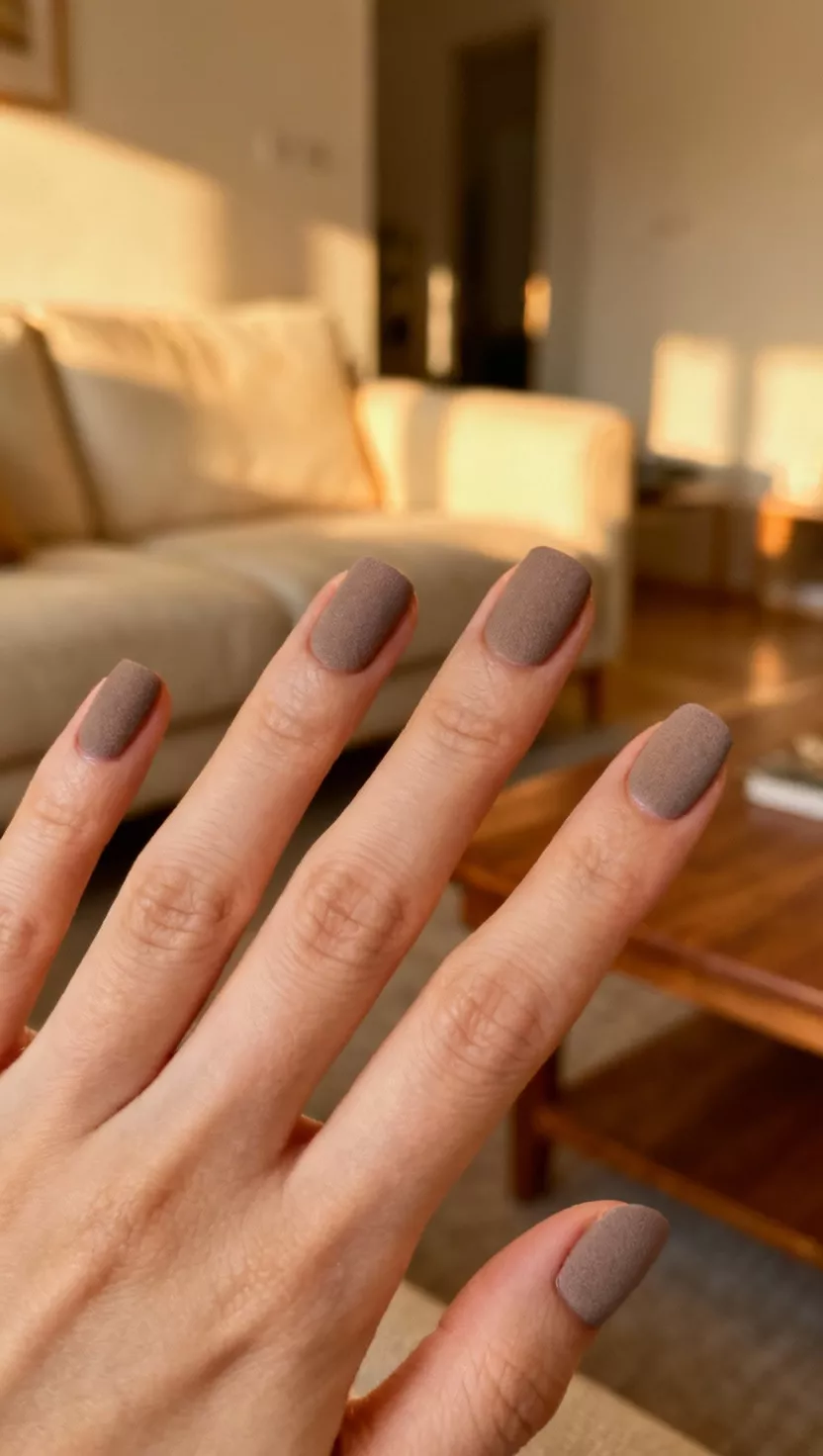 close-up shot of a woman’s hand with five fingers showing nails with a soft, dusty brown-gray polish, living room background.