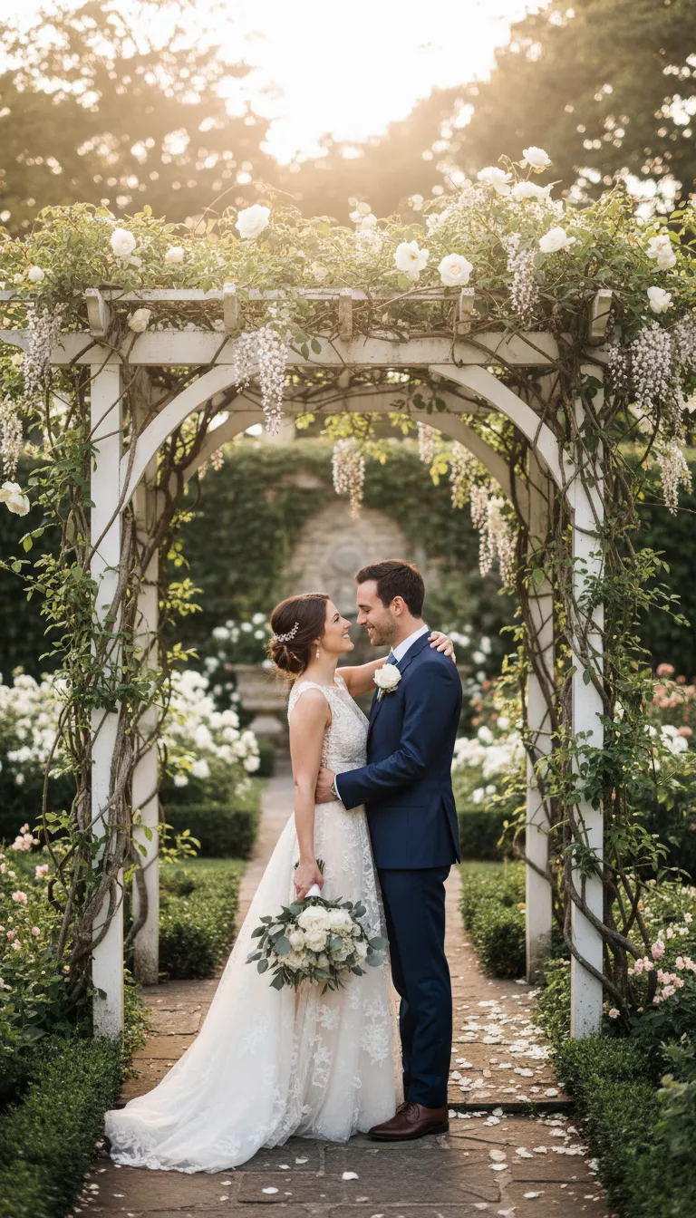 Enchanting Pergola Embrace A photo of a newlywed couple embracing under an enchanting white wooden pergola, beautifully adorned with climbing vines and lush greenery.