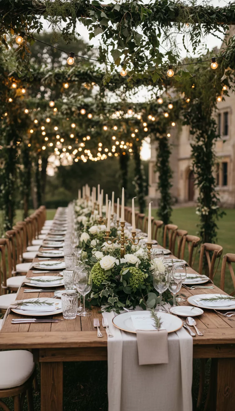 Rustic Banquet Dreams A photo of a long wooden banquet table beautifully set with elegant place settings and lush floral arrangements under rustic overhead greenery and string lights.