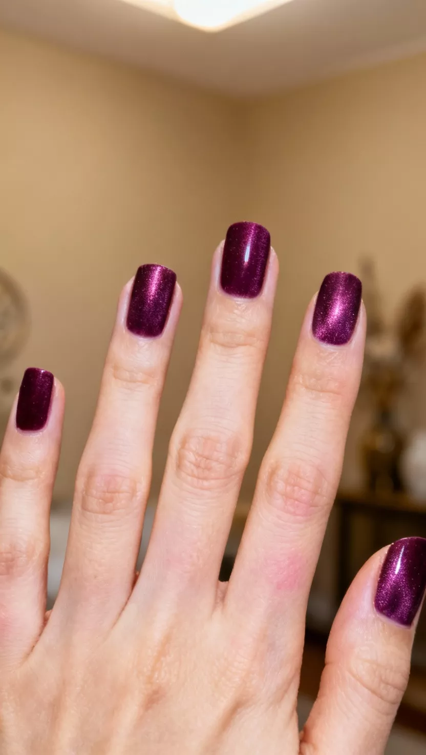 close-up shot of a woman’s hand with five fingers showing nails with a deep, matte velvet plum purple magnetic polish that catches the light, soft ambient lighting room background.
