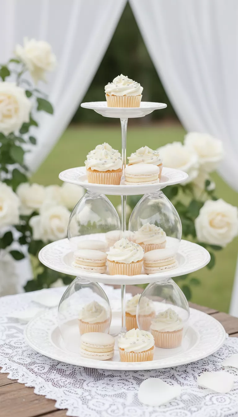 A professional photo, similar to a photo in a wedding magazine, of white plastic plates and clear plastic wine glasses glued together to form a delicate three-tiered dessert tray holding small white cupcakes and macarons.